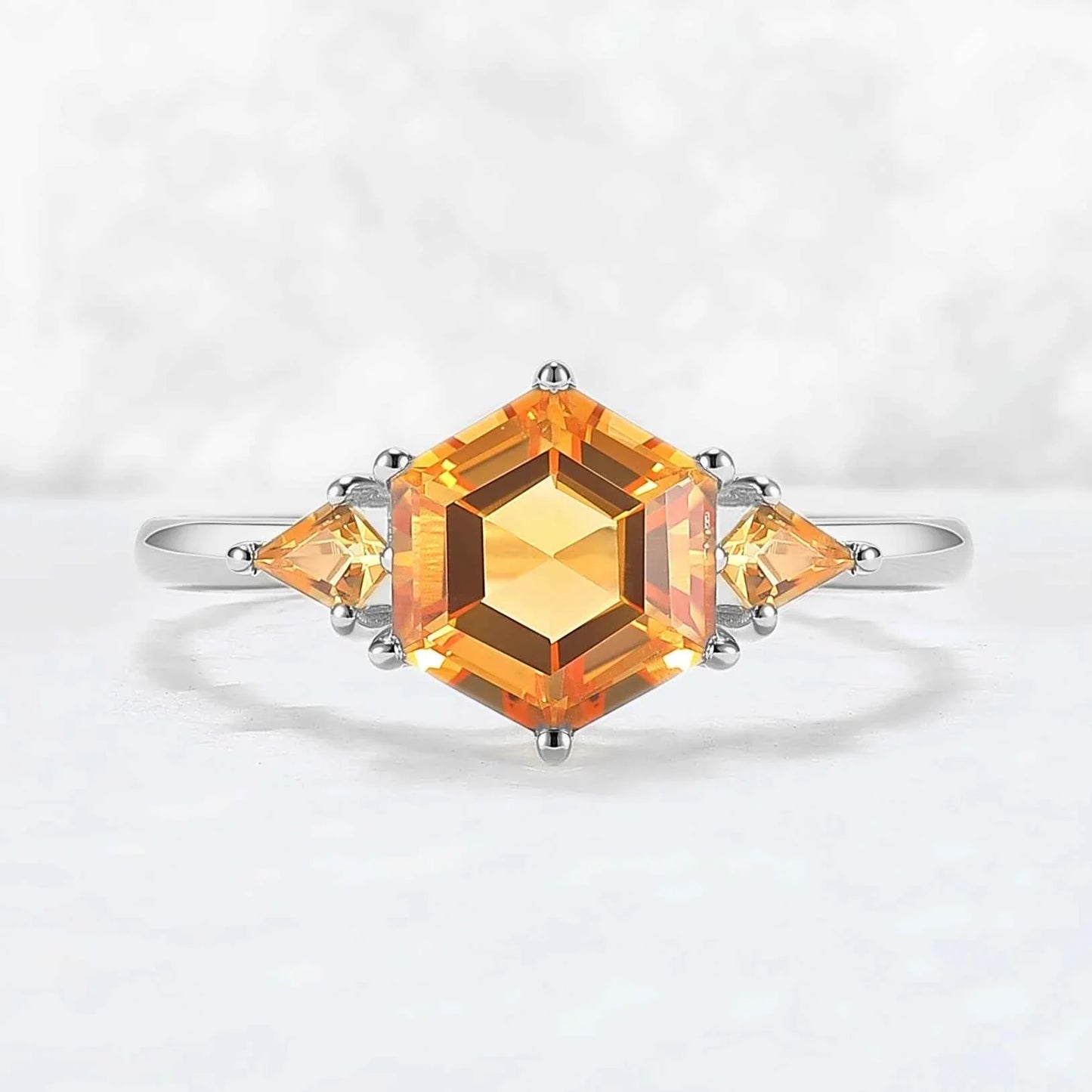 Hexagon Cut Citrine Three Stones Gemstone Ring