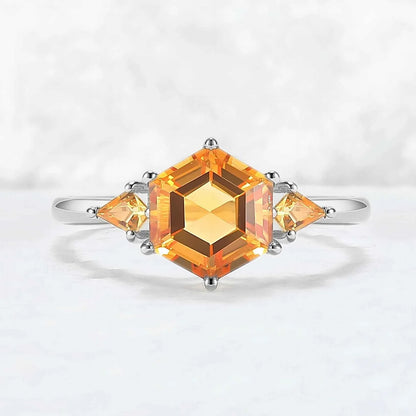 Hexagon Cut Citrine Three Stones Gemstone Ring