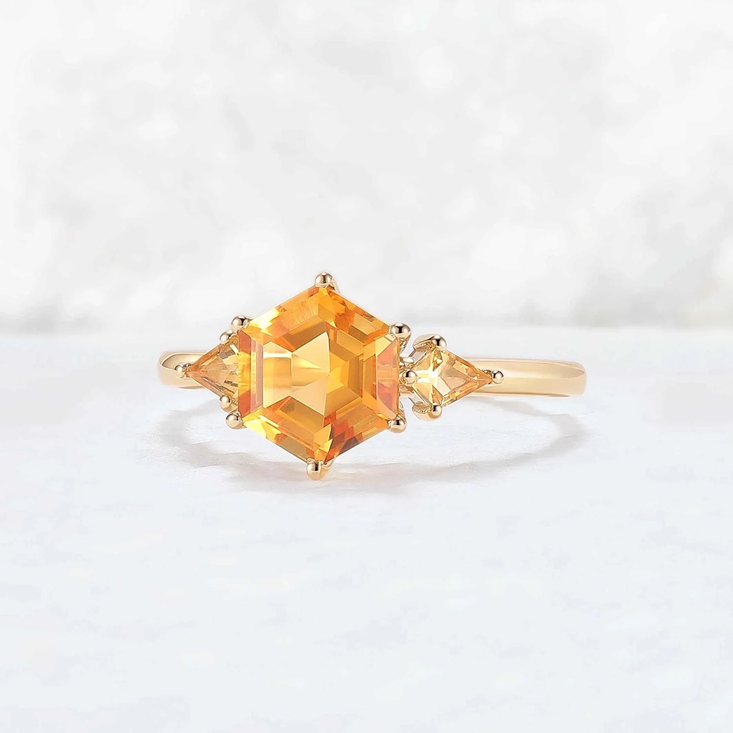 Hexagon Cut Citrine Three Stones Gemstone Ring