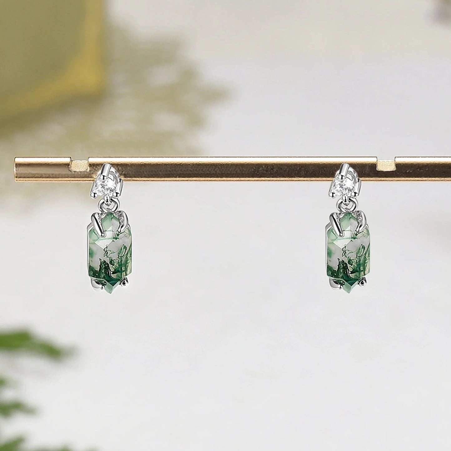 Hexagon Cut Moss Agate Earrings Anniversary Gift for Her