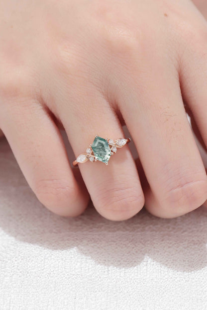 Nature Hexagon Cut Moss Agate Five Stone Gemstone Ring
