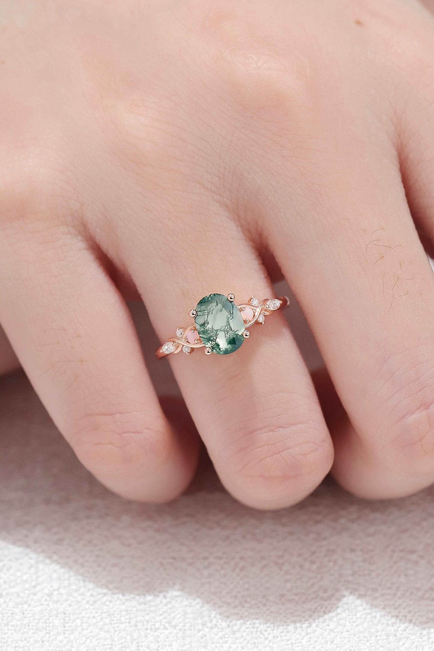 Nature Inspired Oval Moss Agate Vine Twisted Gemstone Ring