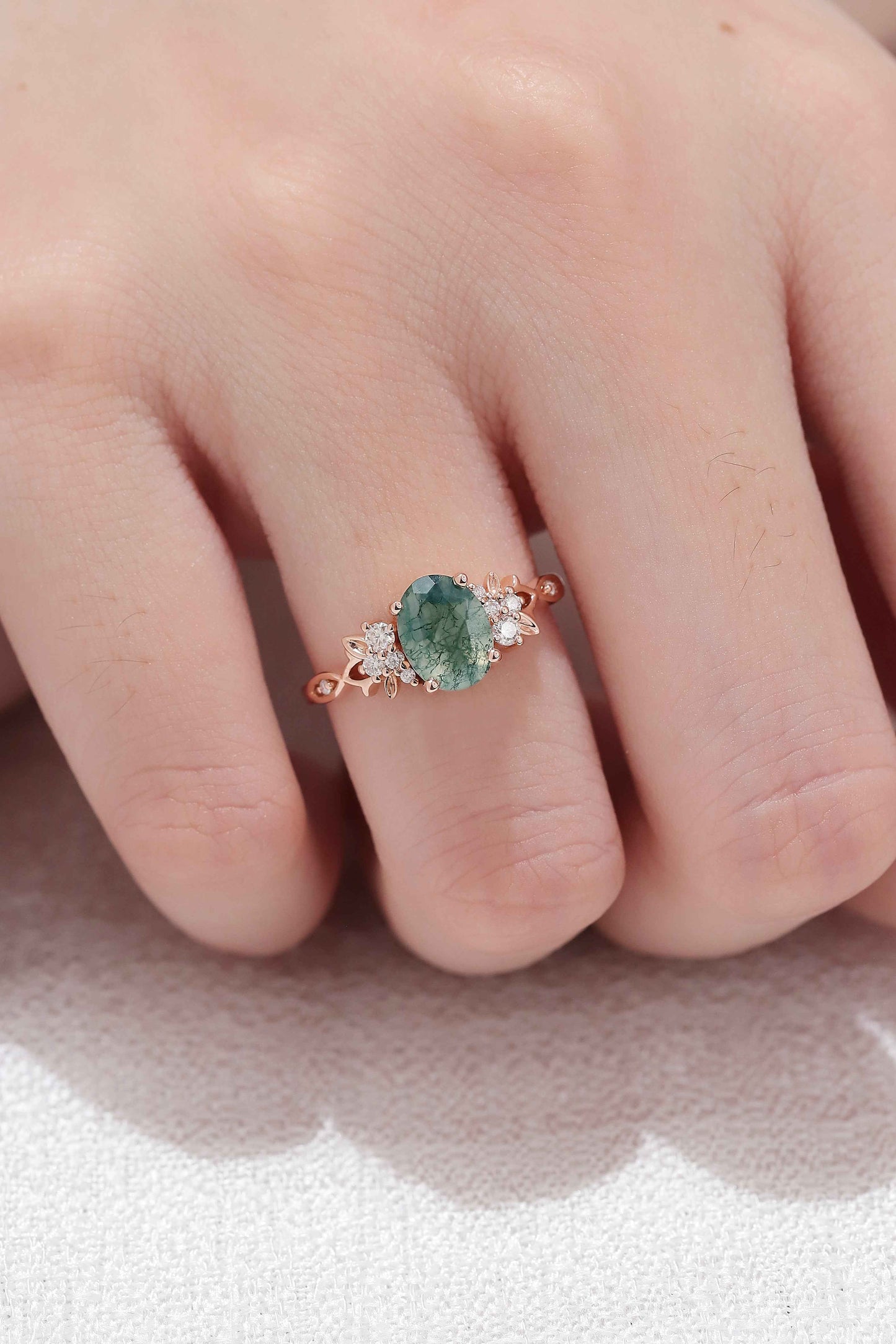Nature Inspired Oval Cut Moss Agate Leaf Gemstone Ring