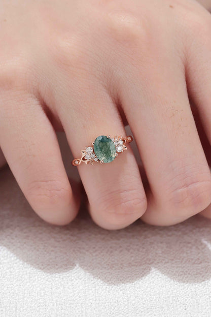 Nature Inspired Oval Cut Moss Agate Leaf Gemstone Ring