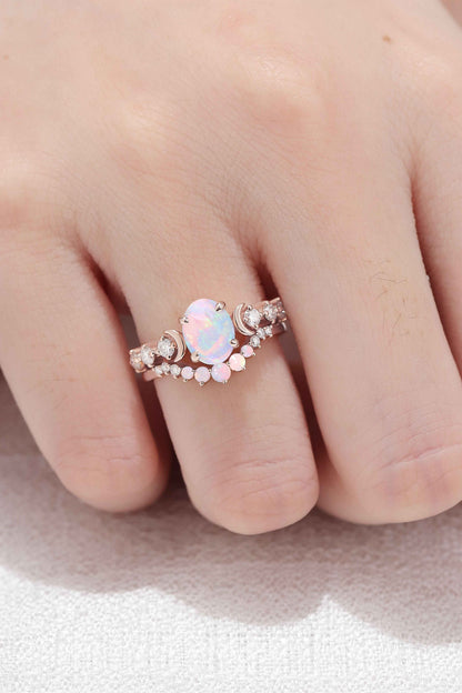 IverJewelry Oval Opal Moon Seven Stone Gemstone Ring Set 2pcs