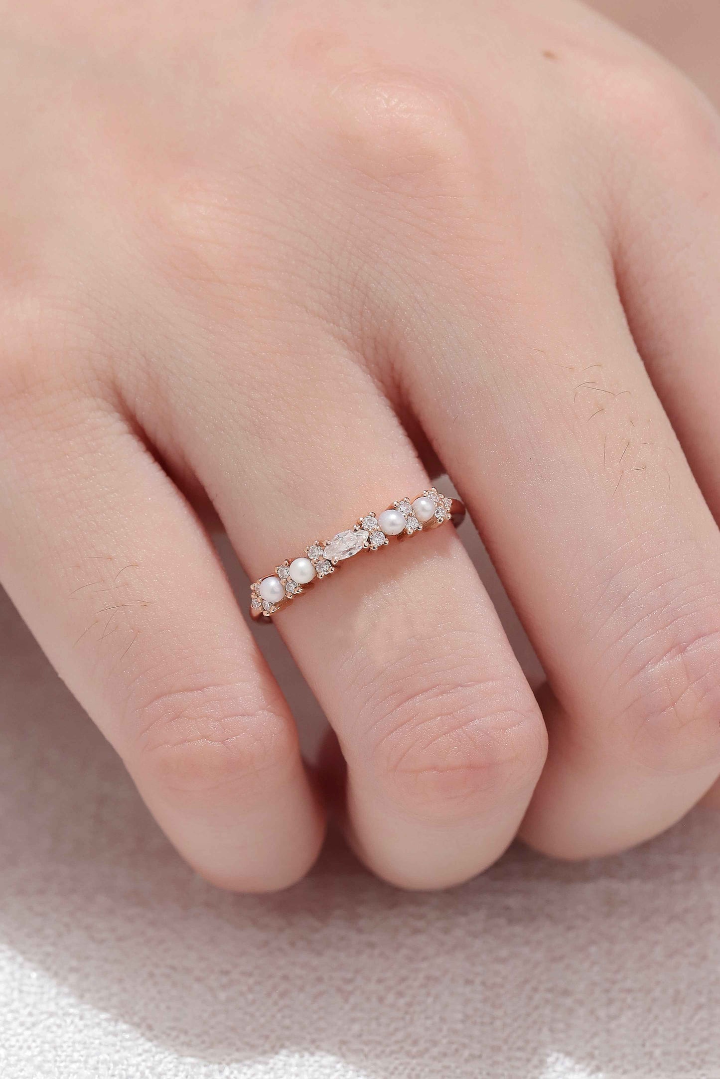 Minimalist Dainty Pearl Moissanite Half Eternity Stacking Ring