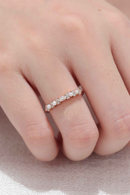 Minimalist Dainty Pearl Moissanite Half Eternity Stacking Ring