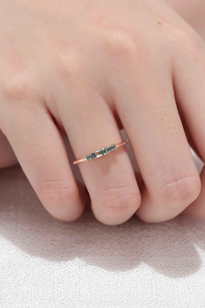 Baguette Shaped Moss Agate Three Stone Silver Stacking Ring