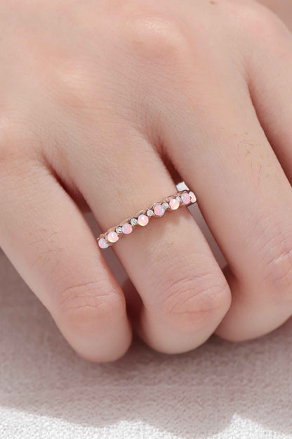 Straight Round Cut Opal and moissanite Half Eternity Stacking Ring