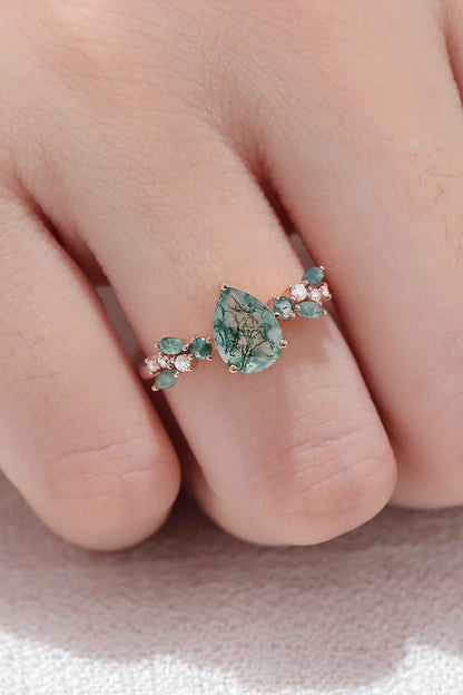 Nature Pear Shaped Moss Agate Leaf Gemstone Ring
