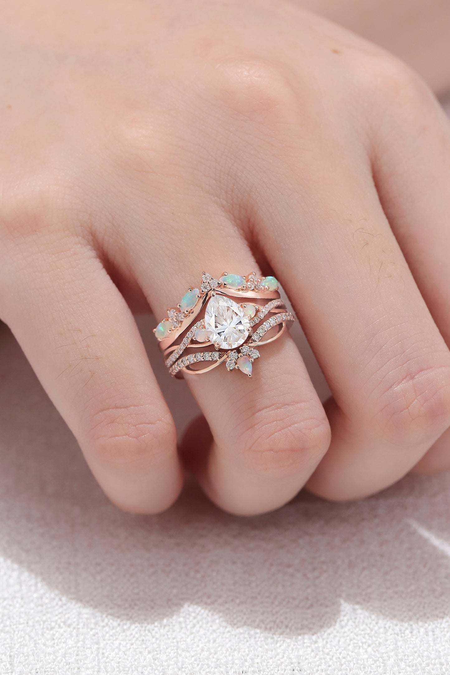 Nature Pear Shaped Moissanite Vine Handmade Ring Set 3pcs