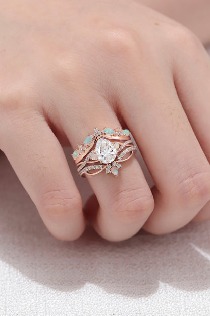 Nature Pear Shaped Moissanite Vine Handmade Ring Set 3pcs