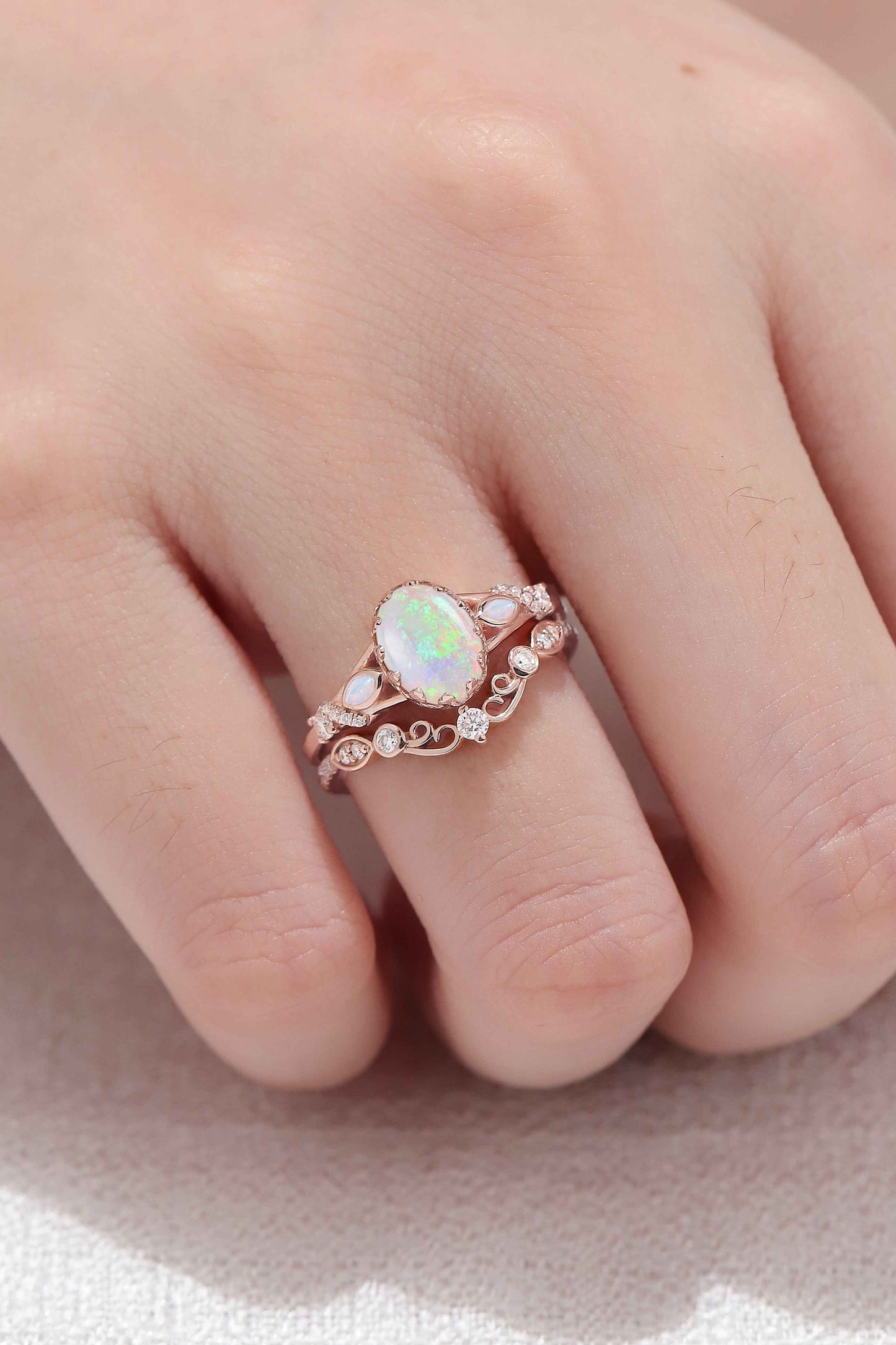 Unique Oval Cut Natural Opal Flora Bezel Inlaid Gemstone Ring