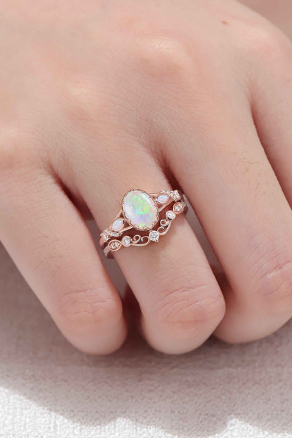 Unique Oval Cut Natural Opal Flora Bezel Inlaid Gemstone Ring