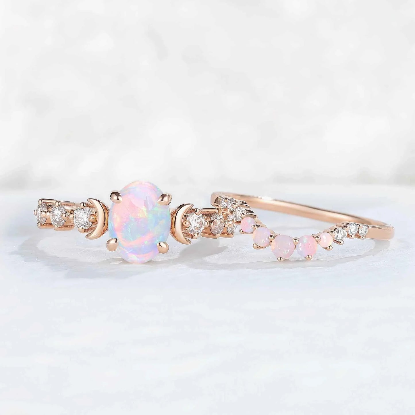 IverJewelry Oval Opal Moon Seven Stone Gemstone Ring Set 2pcs