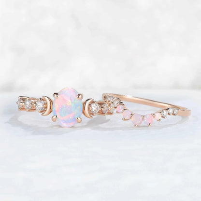 IverJewelry Oval Opal Moon Seven Stone Gemstone Ring Set 2pcs
