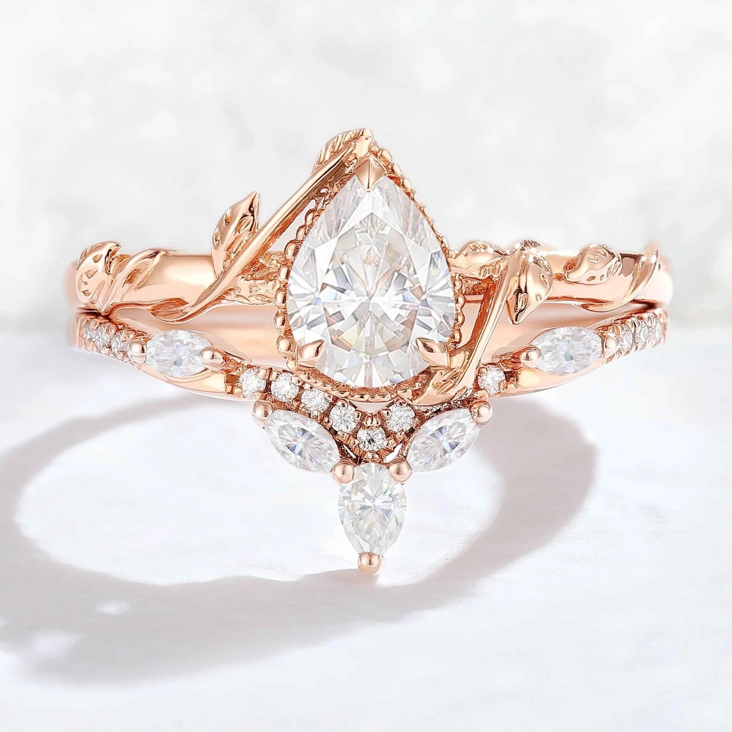 Iver Jewelry Nature Pear Shaped Moissanite Leaf Gemstone Ring Set 2pcs