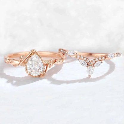 Iver Jewelry Nature Pear Shaped Moissanite Leaf Gemstone Ring Set 2pcs