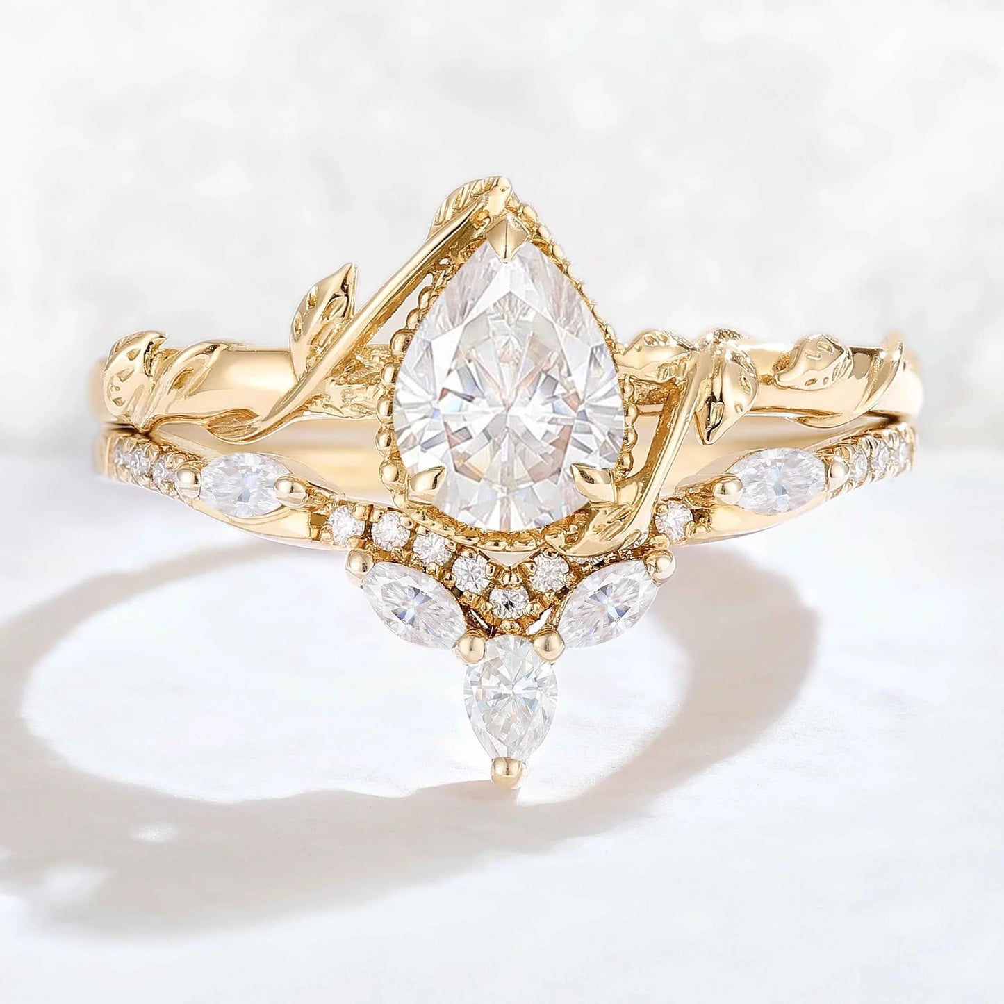 Iver Jewelry Nature Pear Shaped Moissanite Leaf Gemstone Ring Set 2pcs