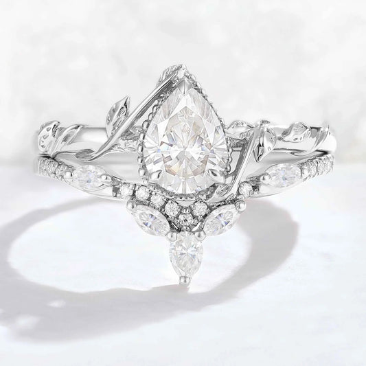 Iver Jewelry Nature Pear Shaped Moissanite Leaf Gemstone Ring Set 2pcs
