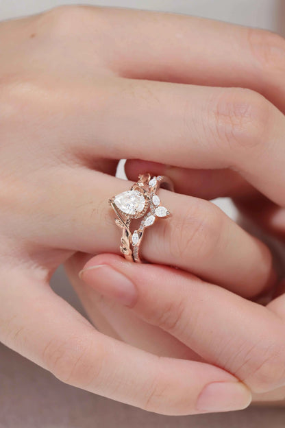Iver Jewelry Nature Pear Shaped Moissanite Leaf Gemstone Ring Set 2pcs