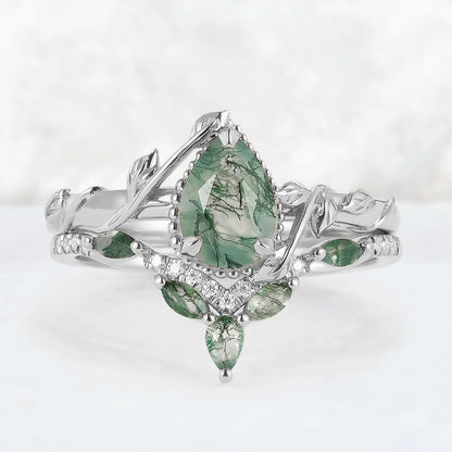 Iver Jewelry Nature Pear Shaped Moss Agate Leaf Gemstone Ring Set 2pcs