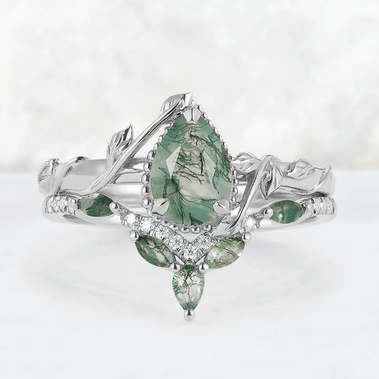 Iver Jewelry Nature Pear Shaped Moss Agate Leaf Gemstone Ring Set 2pcs