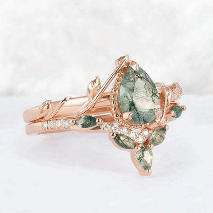 Iver Jewelry Nature Pear Shaped Moss Agate Leaf Gemstone Ring Set 2pcs