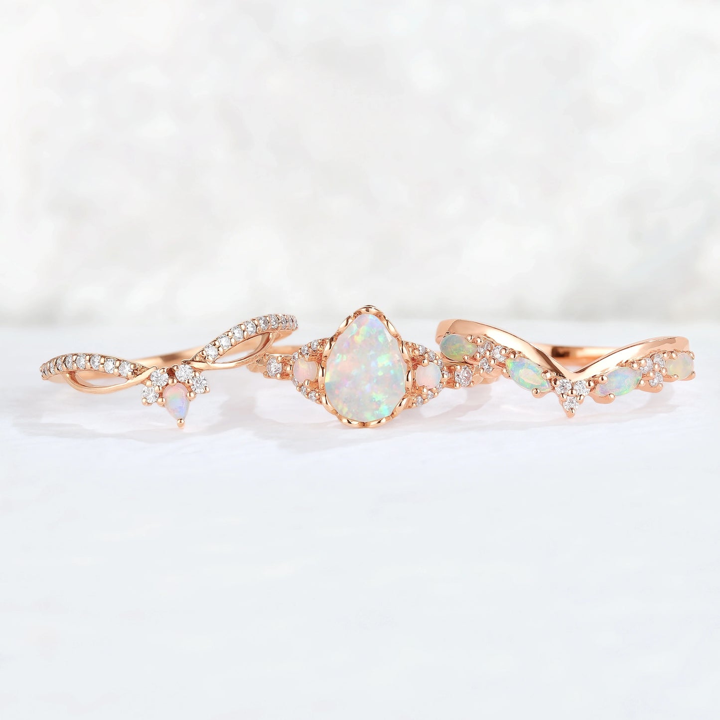 Iver Jewelry Nature Pear Shaped Opal Vine Gemstone Ring Set 3pcs