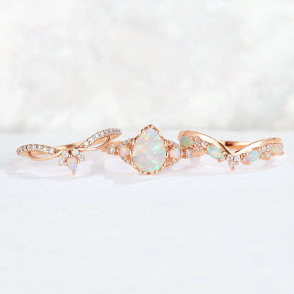 Iver Jewelry Nature Pear Shaped Opal Vine Gemstone Ring Set 3pcs