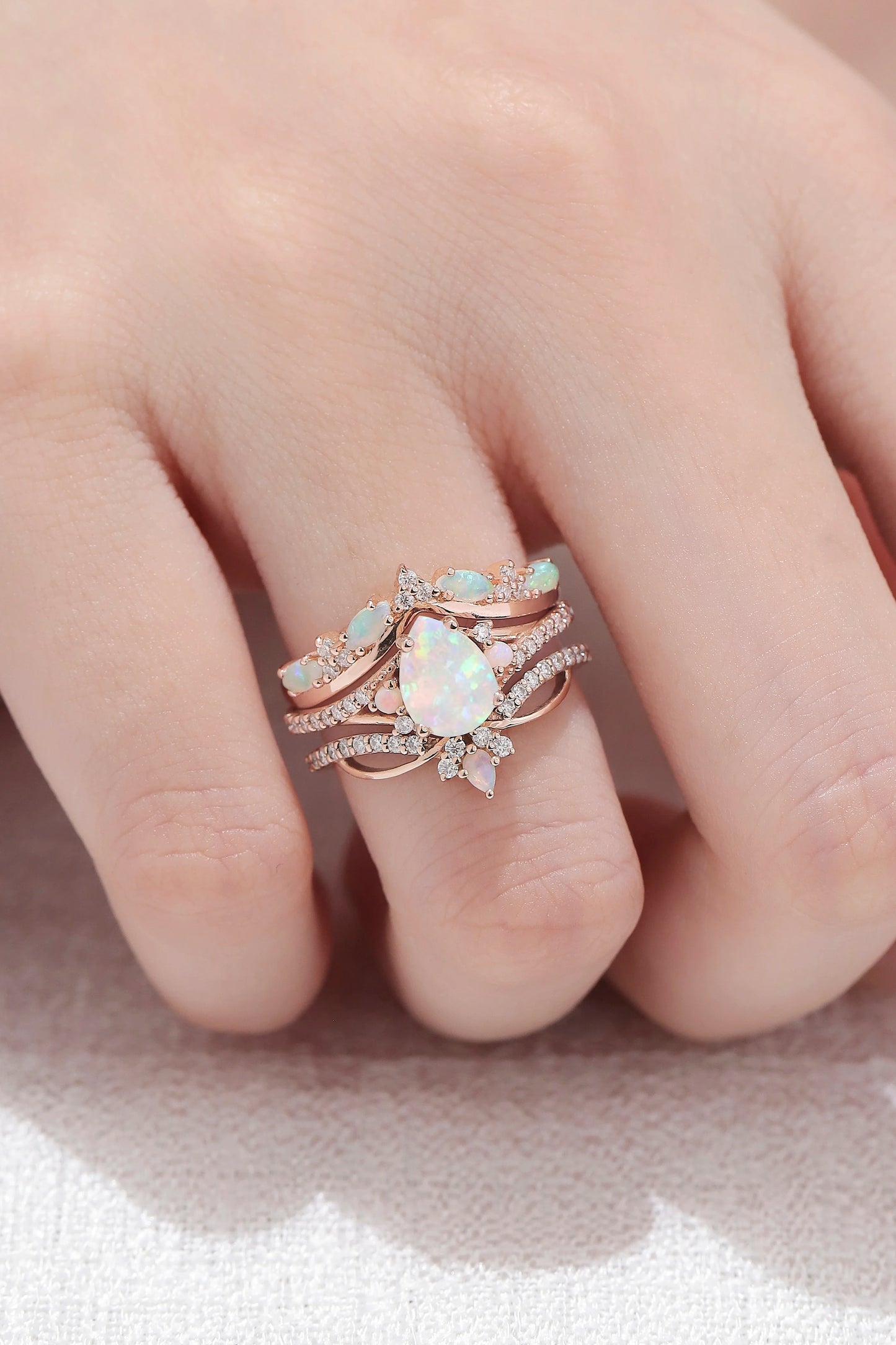Iver Jewelry Nature Pear Shaped Opal Vine Gemstone Ring Set 3pcs