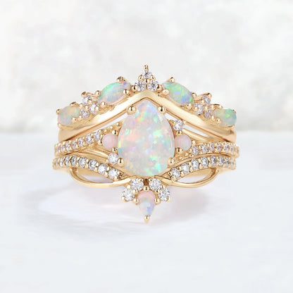 Iver Jewelry Nature Pear Shaped Opal Vine Gemstone Ring Set 3pcs