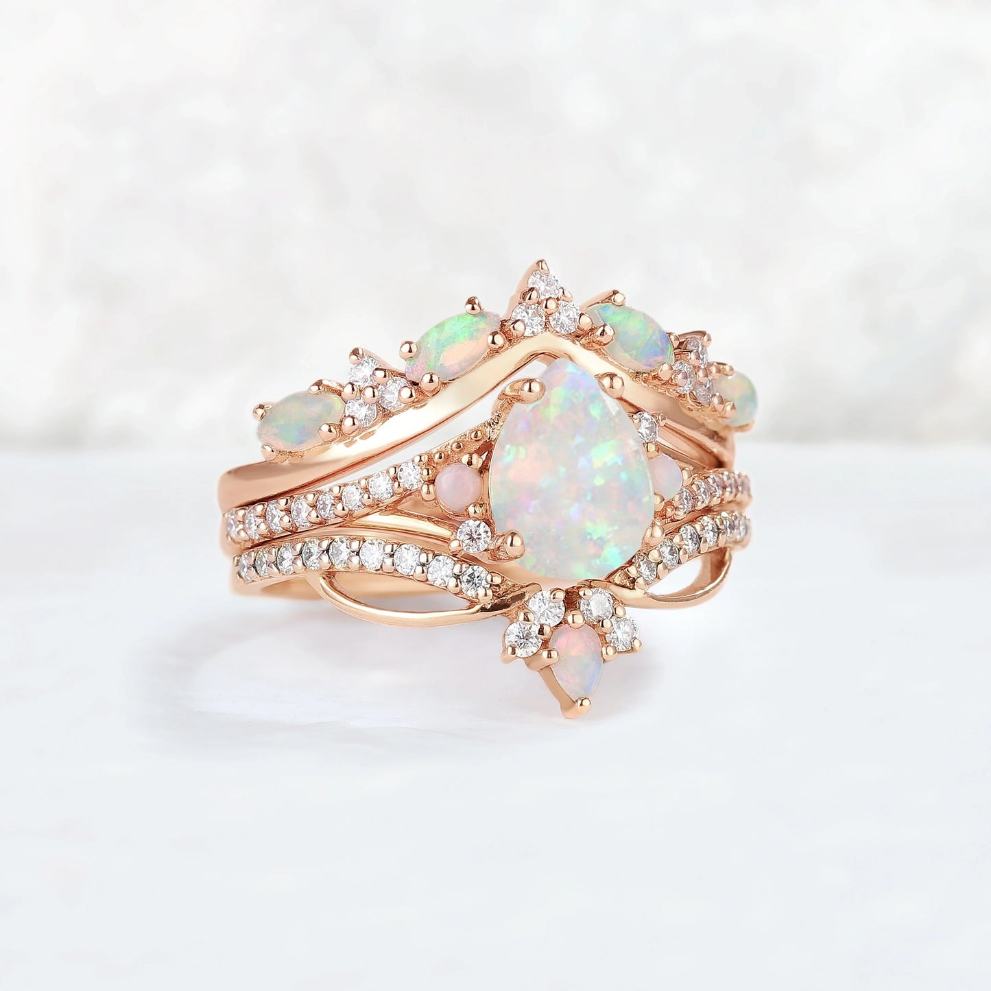 Iver Jewelry Nature Pear Shaped Opal Vine Gemstone Ring Set 3pcs