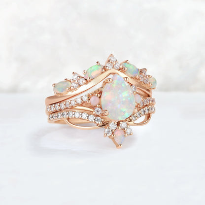 Iver Jewelry Nature Pear Shaped Opal Vine Gemstone Ring Set 3pcs