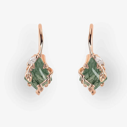 Kite Cut Moss Agate Leafy Earrings Anniversary Gift for Her