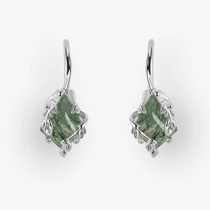Kite Cut Moss Agate Leafy Earrings Anniversary Gift for Her