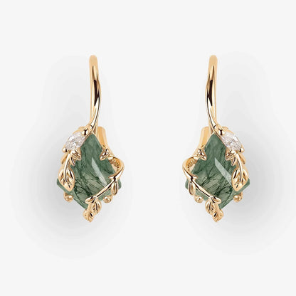 Kite Cut Moss Agate Leafy Earrings Anniversary Gift for Her