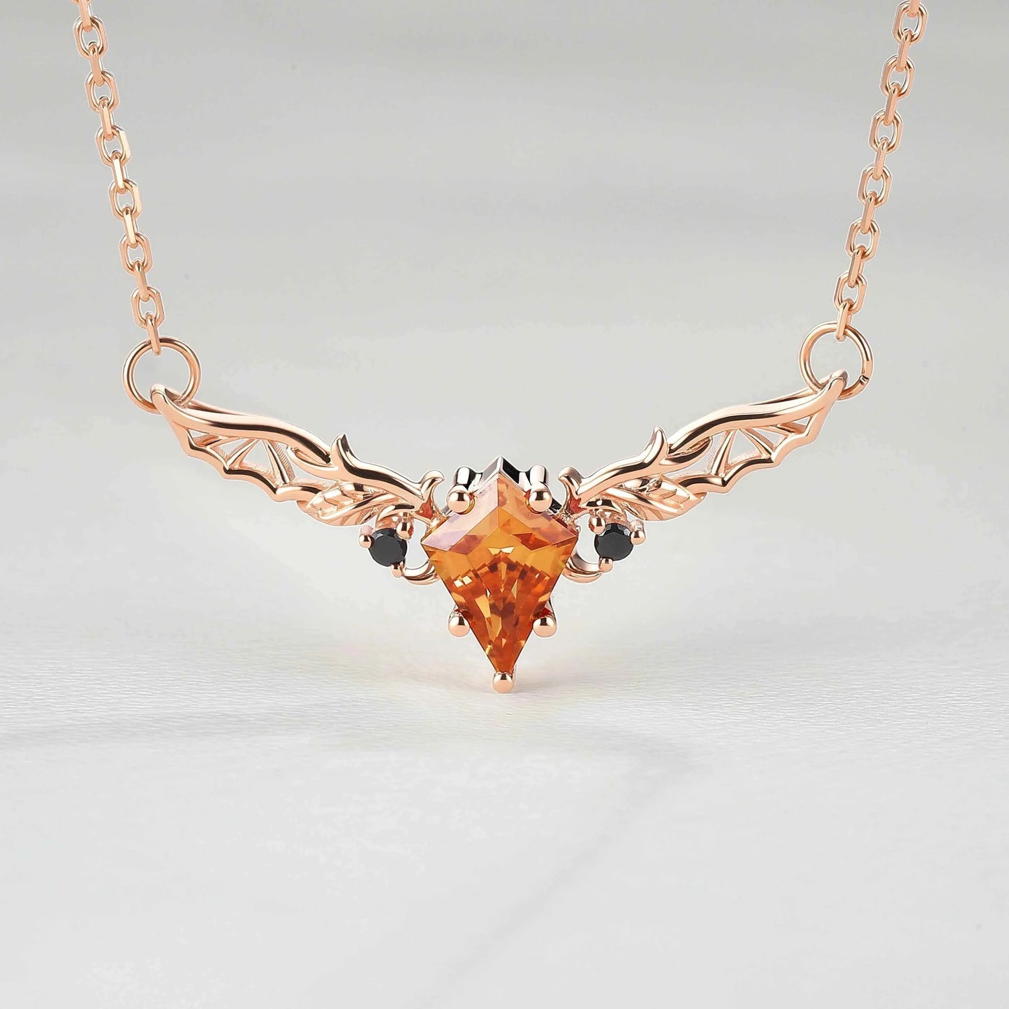 Kite Shaped Lab Orange Sapphire Rose Gold Necklace Halloween Jewelry