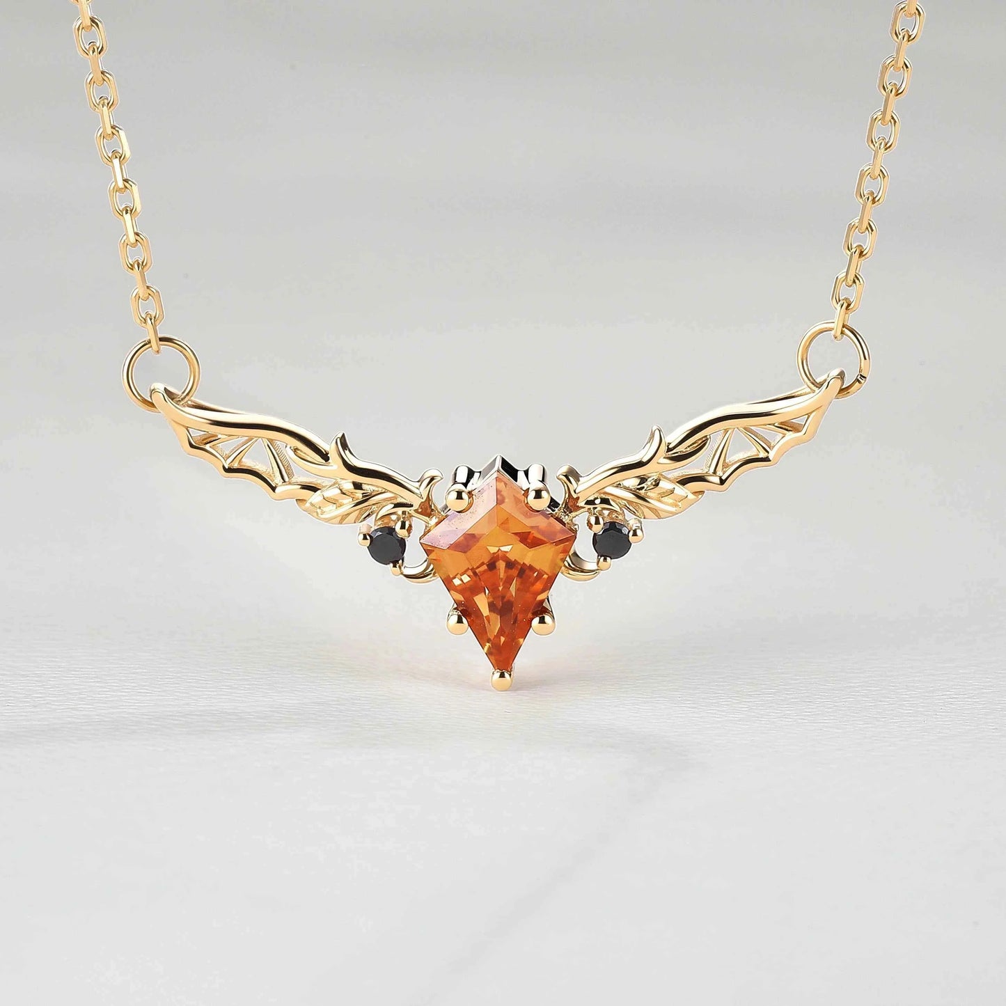 Kite Shaped Lab Orange Sapphire Rose Gold Necklace Halloween Jewelry
