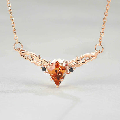 Kite Shaped Lab Orange Sapphire Rose Gold Necklace Halloween Jewelry
