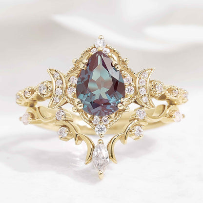 Unique Design Pear Cut Alexandrite Engagement Ring Set 2pcs