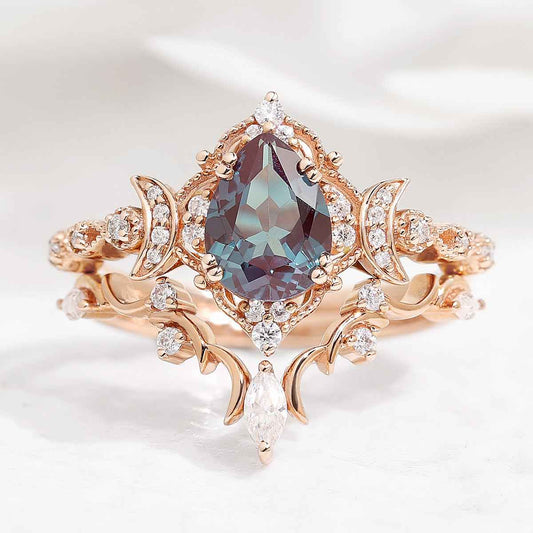 Unique Design Pear Cut Alexandrite Engagement Ring Set 2pcs