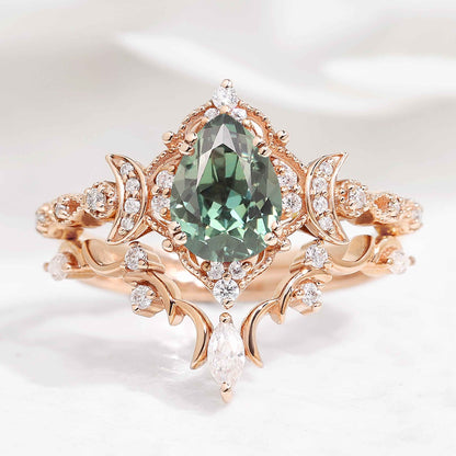 Unique Design Moon Ring Pear Cut Lab Green Sapphire Engagement Ring Sets 2pcs