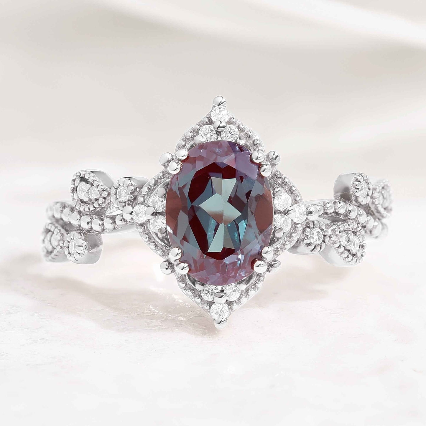 Vintage Rose Gold Alexandrite Handmade Ring Oval Cut Twisted Wedding Band