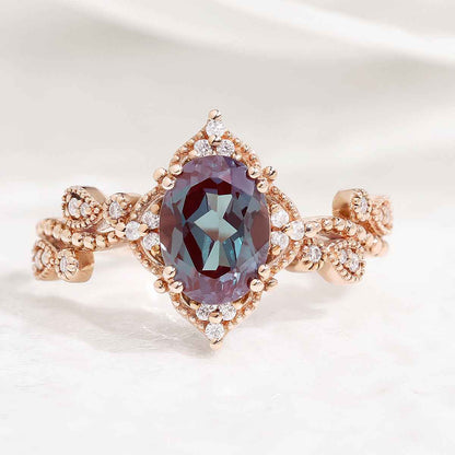 Vintage Rose Gold Alexandrite Handmade Ring Oval Cut Twisted Wedding Band