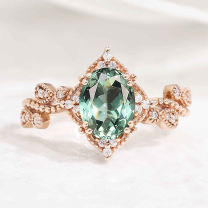 Unique Oval Cut Lab Green Sapphire Engagement Ring