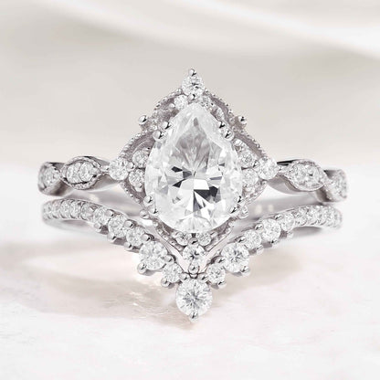 Vintage Pear Shaped Moissanite Engagement Ring Bridal Set 2pcs