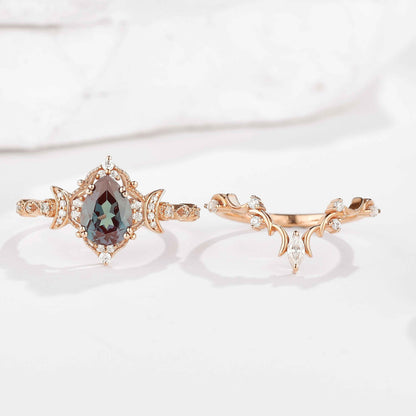 Unique Design Pear Cut Alexandrite Engagement Ring Set 2pcs