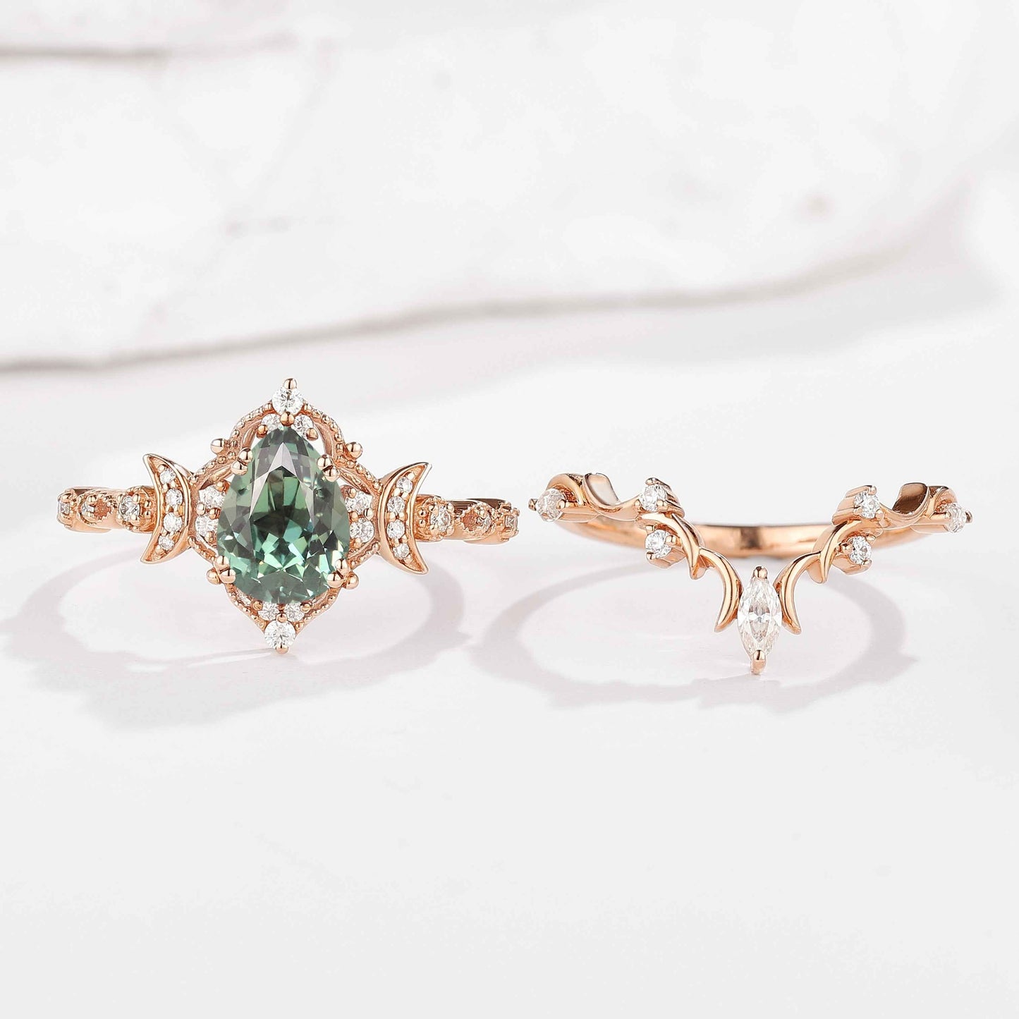 Unique Design Moon Ring Pear Cut Lab Green Sapphire Engagement Ring Sets 2pcs