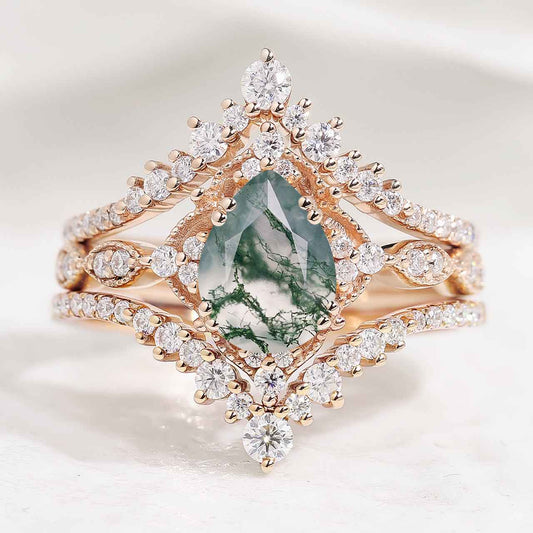 Vintage Pear Cut Moss Agate Engagement Ring Set Moissanite Wedding Bands 3pcs
